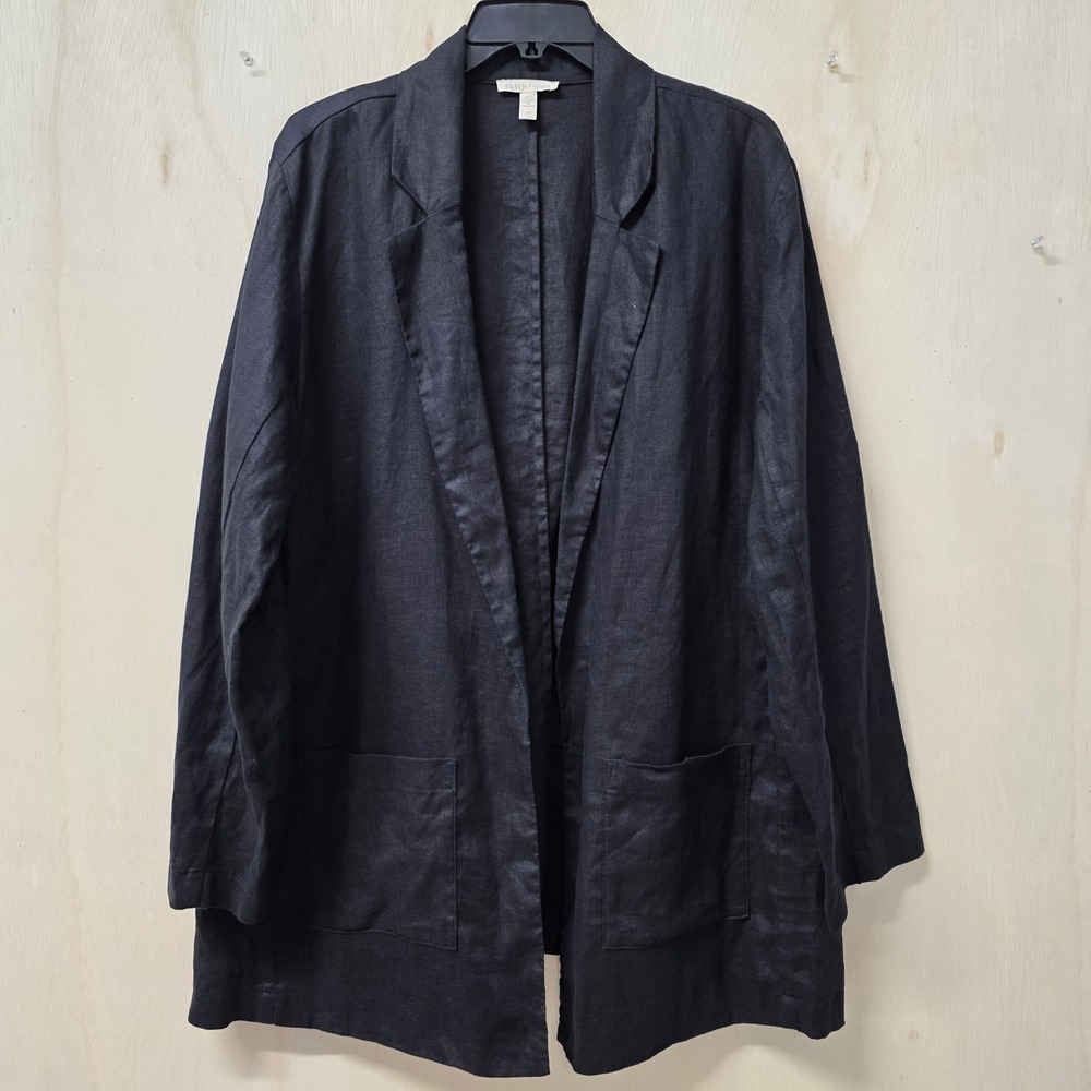 Eileen Fisher Black 100% Organic Linen Open Front Longline Blazer Jacket Large